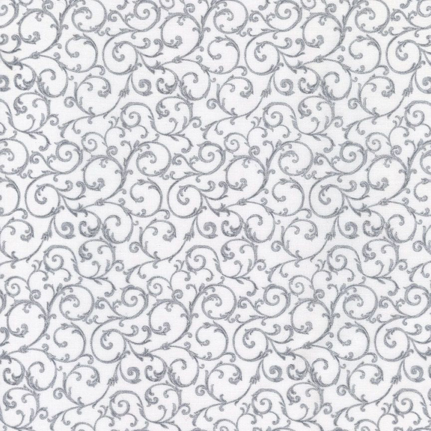 White and Silver Fleur Metallic Fabric, Item No. 23850